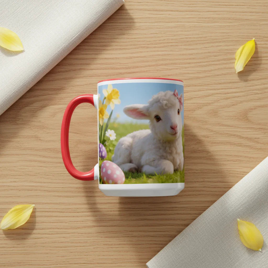 Ceramic mug with red handle featuring a cute lamb, spring flowers, and Easter eggs design