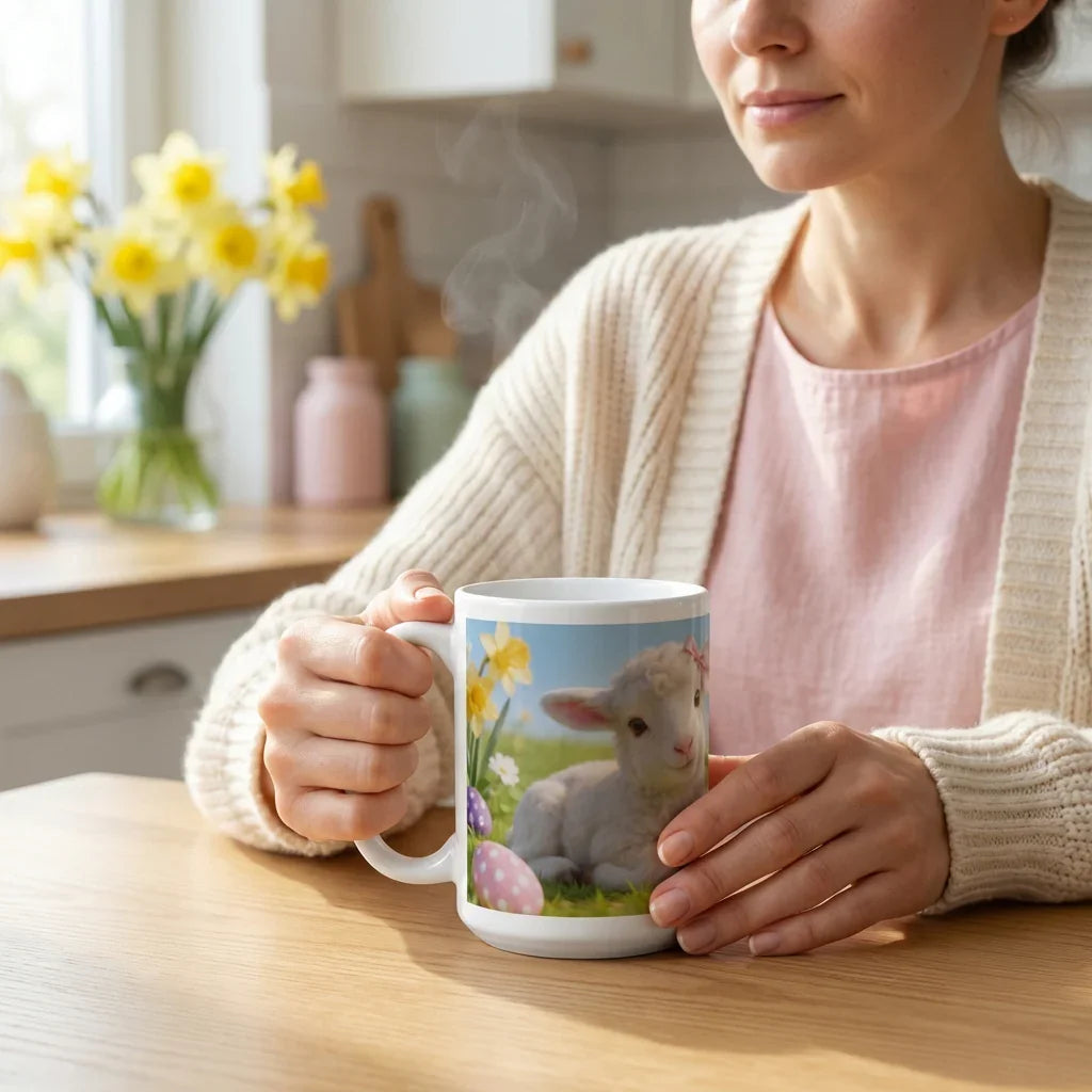 Woman holding spring mug with lamb, daffodils, and Easter eggs in cozy kitchen setting