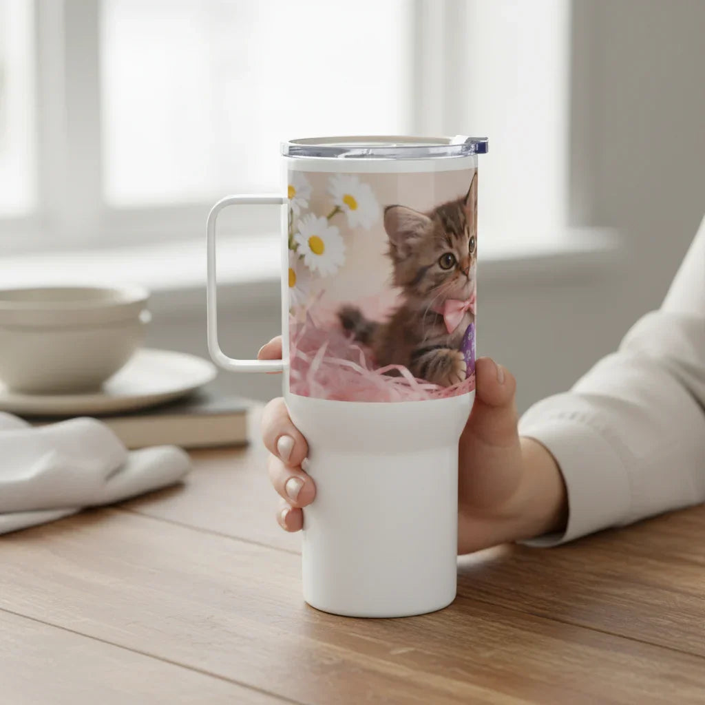 Hand holding white travel mug with cute kitten, daisies, and pink bow design on table