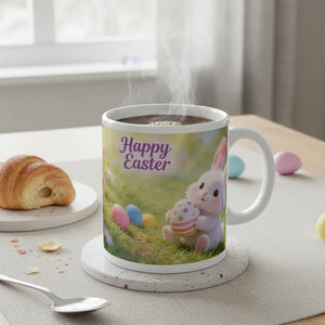 Easter mug with cute bunny, colorful eggs, and Happy Easter text on a breakfast table.