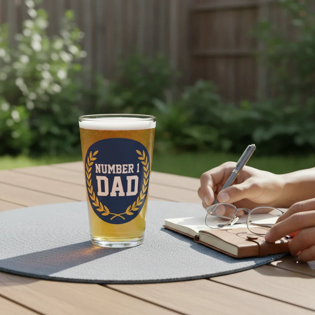 Pint glass with 'Number 1 Dad' design on outdoor table beside hands writing in a notebook