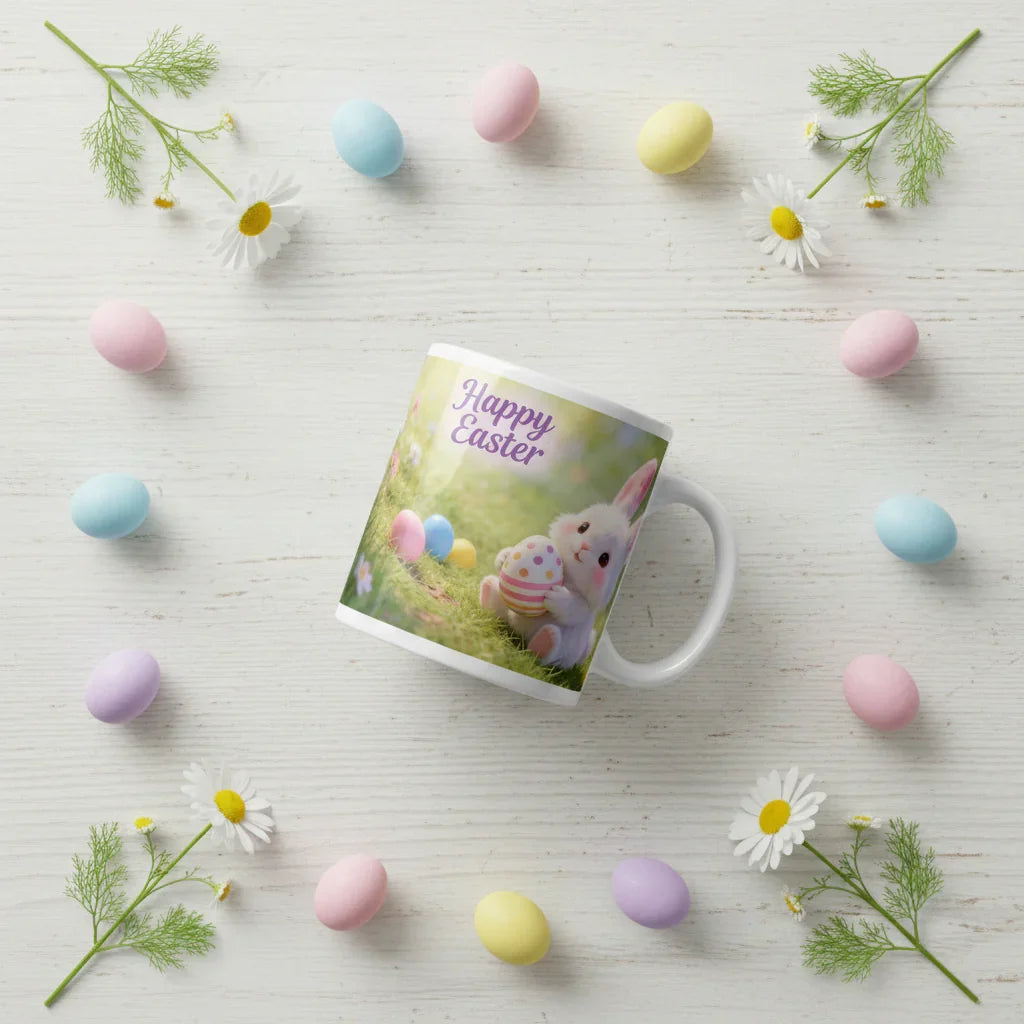 Easter mug with bunny and eggs, surrounded by pastel eggs and daisies on white wood table