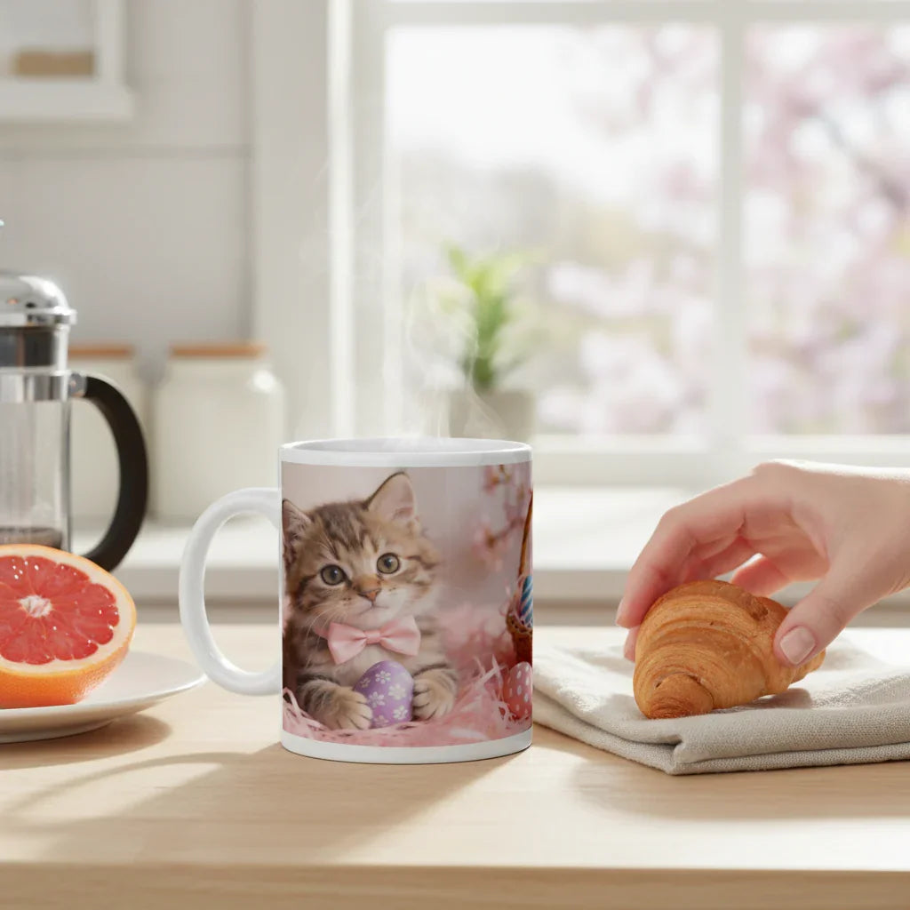 Ceramic mug with cute kitten and pastel Easter egg design on breakfast table with croissant