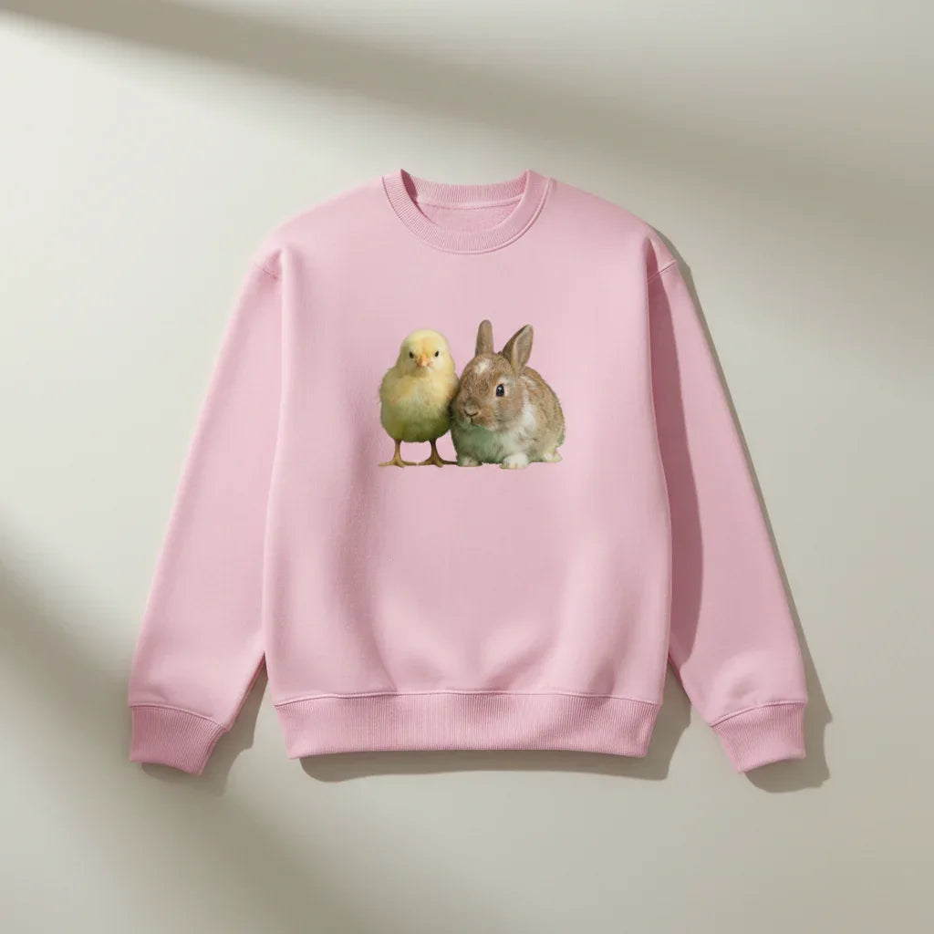 Pink crewneck sweatshirt with chick and bunny graphic, cozy animal print apparel