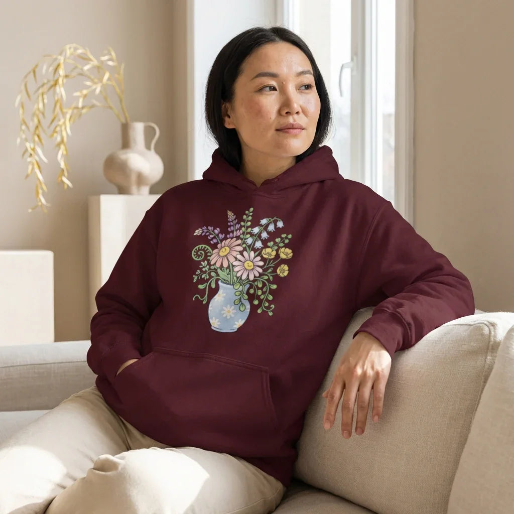 Woman wearing maroon floral hoodie with vase illustration, sitting on a light sofa