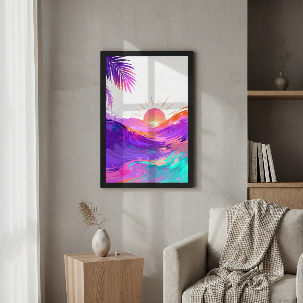 Colorful sunset ocean abstract wall art in black frame, modern living room decor