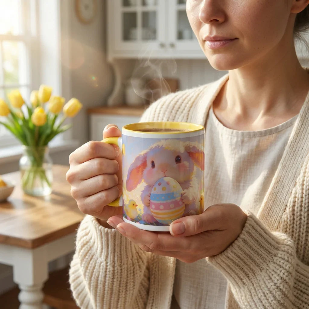 Woman holding a cute bunny Easter mug with yellow interior in a cozy kitchen setting
