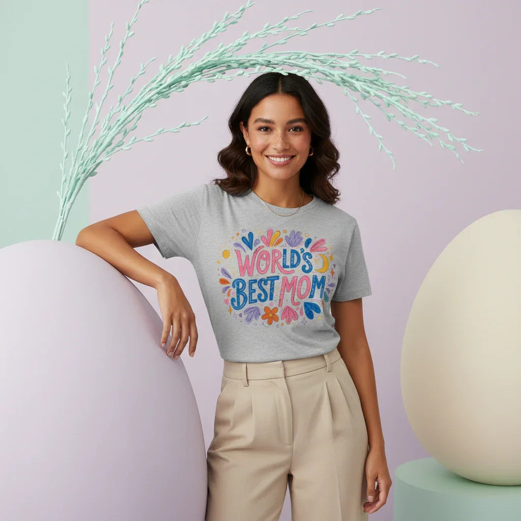 Woman in grey World's Best Mom graphic t-shirt and beige pants, pastel floral decor