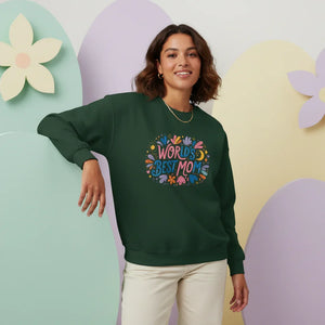 Woman wearing dark green 'World's Best Mom' sweatshirt with colorful floral design