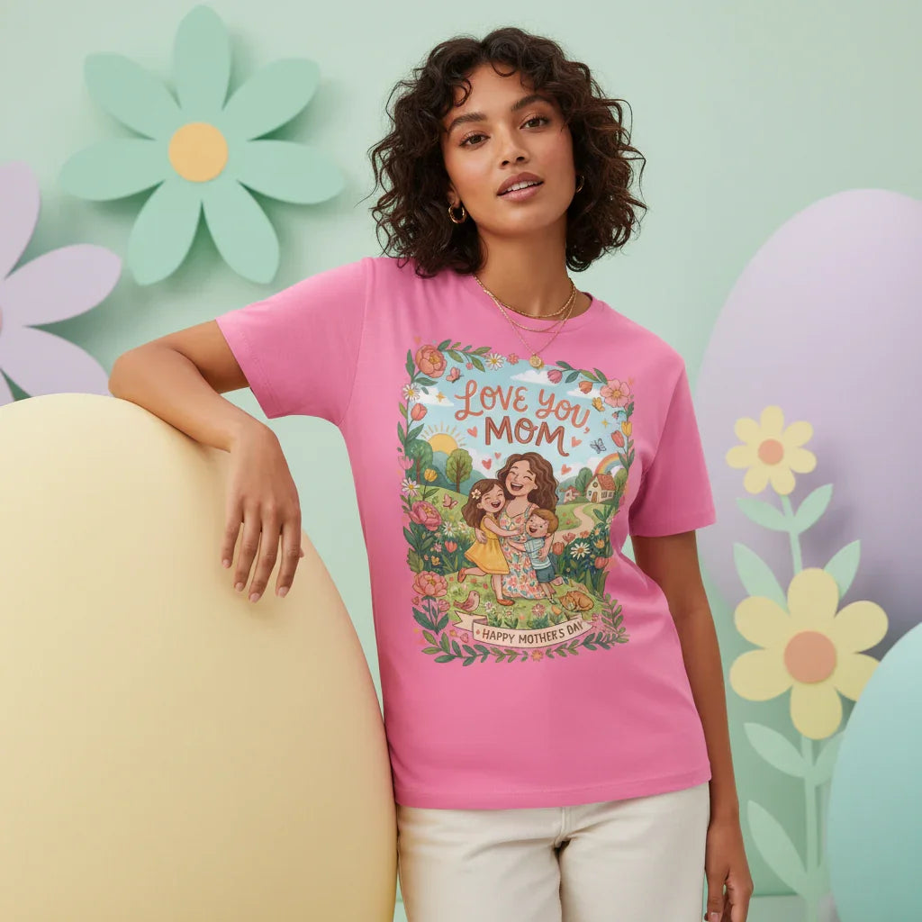 Woman wearing pink Mother's Day t-shirt with 'Love You Mom' floral design, pastel flower backdrop