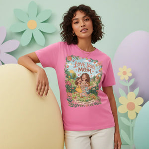 Woman wearing pink Mother's Day t-shirt with 'Love You Mom' floral design, pastel flower backdrop