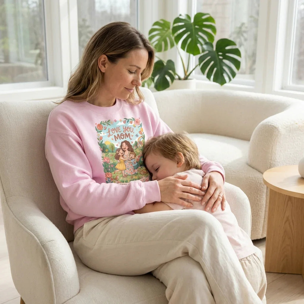 Mother in a pink 'Love You Mom' sweatshirt cuddling child on cozy armchair in bright living room