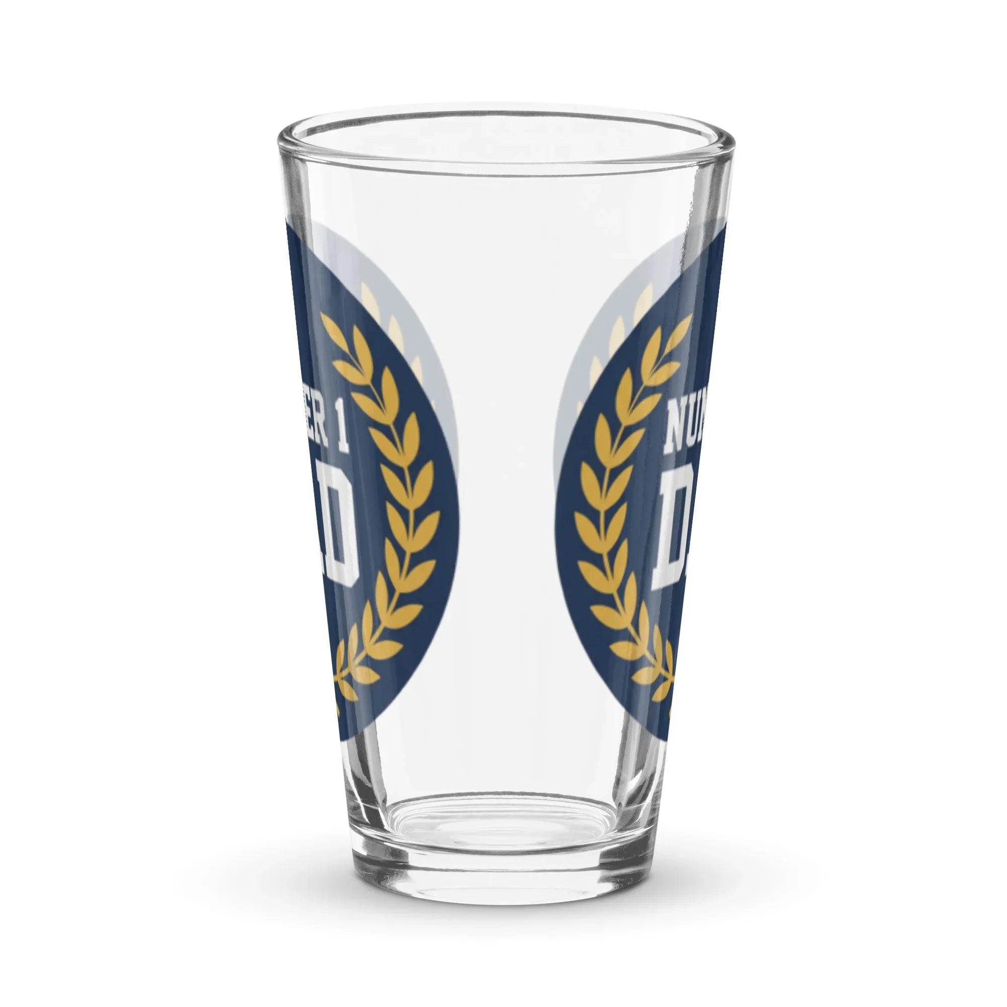 16 oz clear pint glass with 'Number 1 Dad' blue and gold laurel design on the side