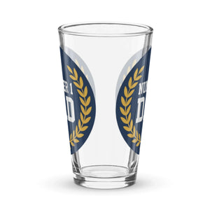 16 oz clear pint glass with 'Number 1 Dad' blue and gold laurel design on the side