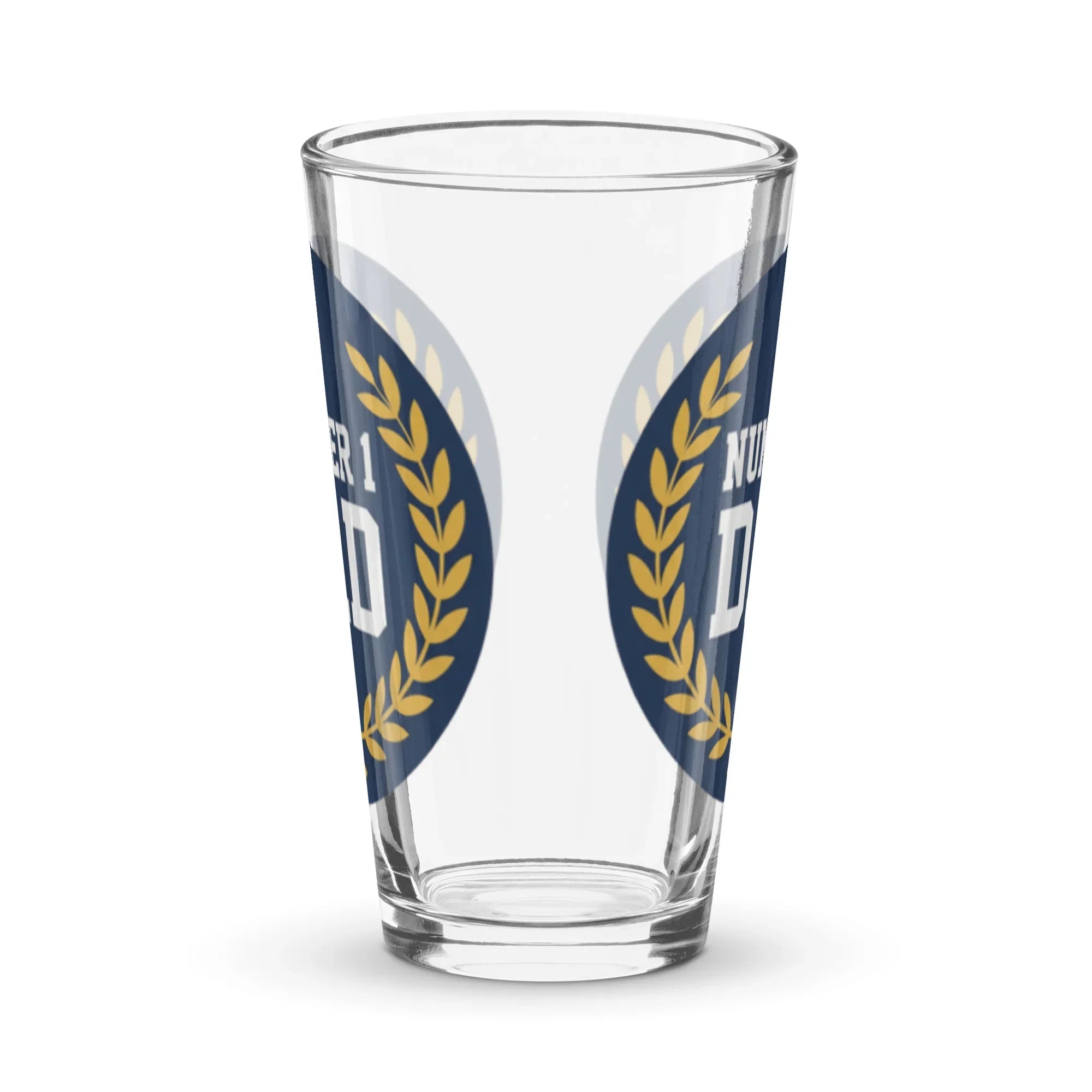 16 oz shaker pint glass with blue and gold laurel design and 'NUMBER 1 DAD' text