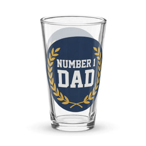 16 oz pint glass with 'Number 1 Dad' and gold laurel design, gift drinkware