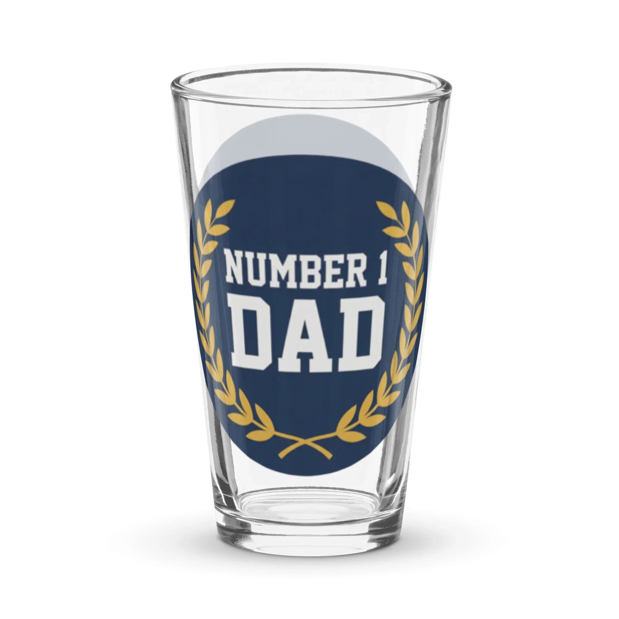 16oz pint glass with blue shield, gold laurel, and 'Number 1 Dad' text for gifts