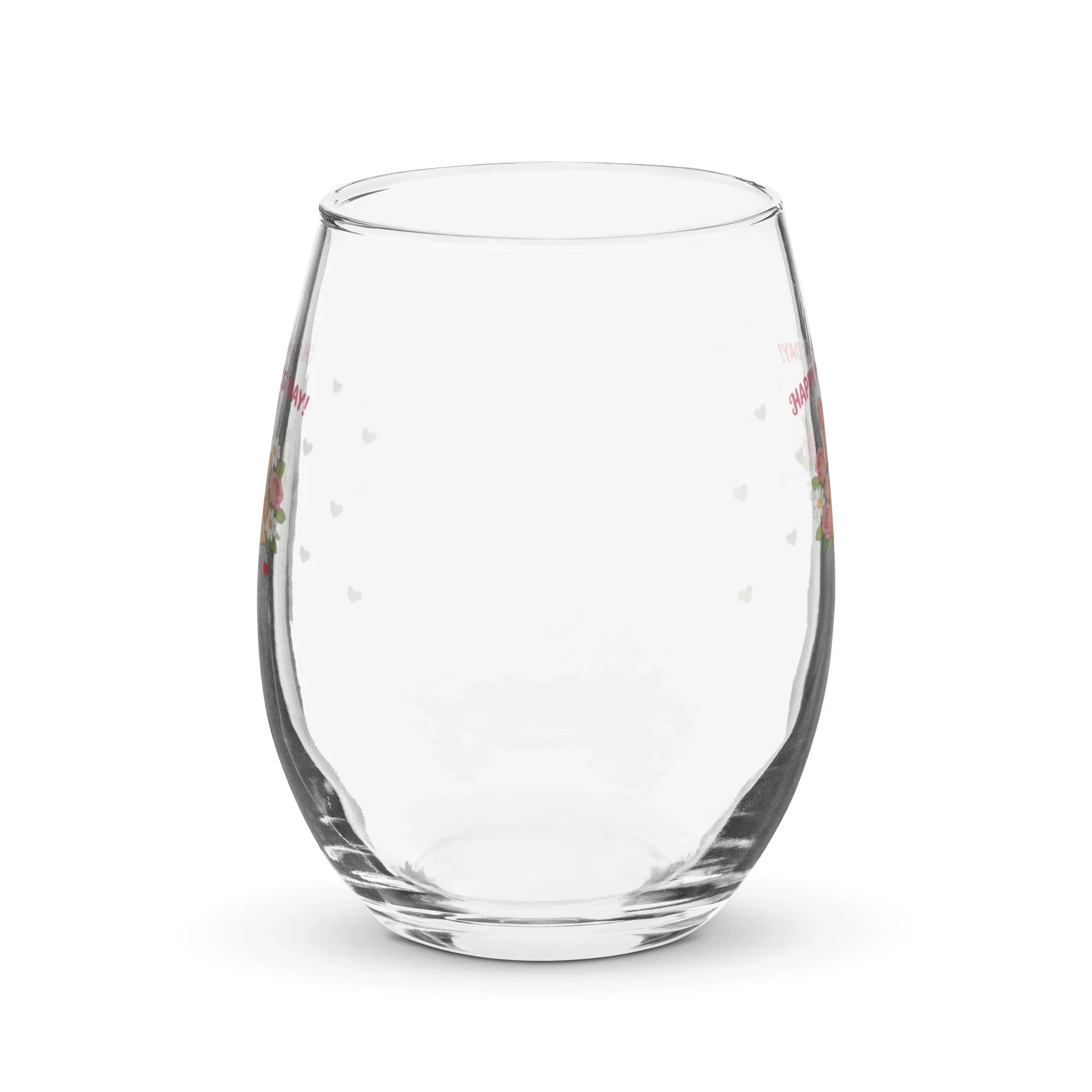 Clear 15 oz stemless wine glass with small heart accents, displayed on white background