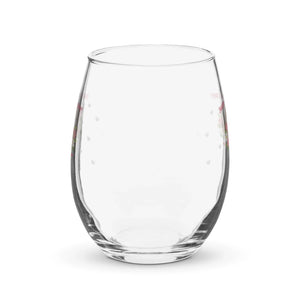 Clear 15 oz stemless wine glass with small decorative heart accents on a white background