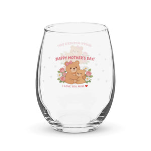 Stemless wine glass with cute bear illustration, pink flowers, and Happy Mother's Day text