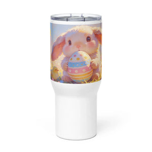 White travel mug with handle featuring a cute bunny holding a decorated Easter egg
