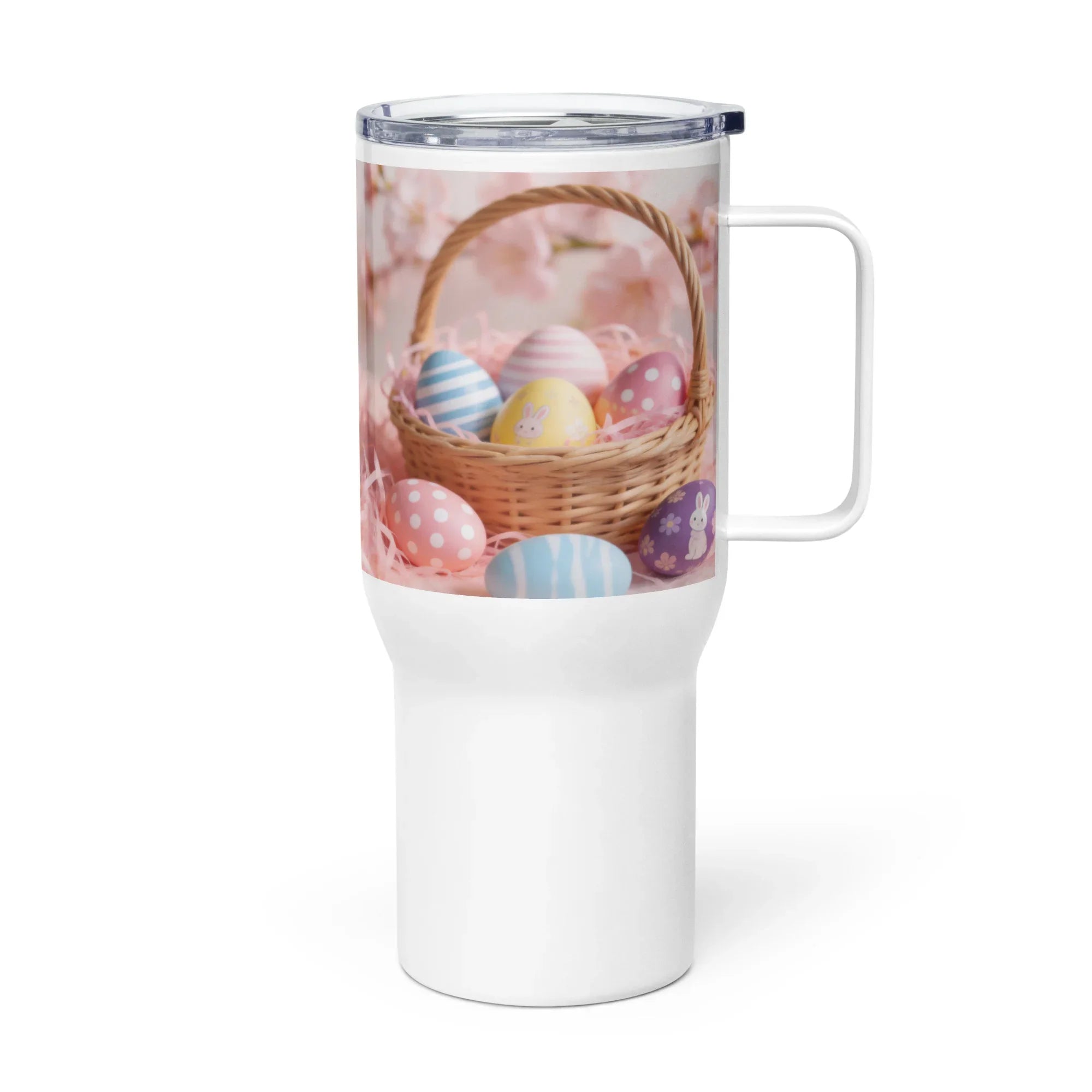 White travel mug with handle featuring a colorful Easter egg basket design