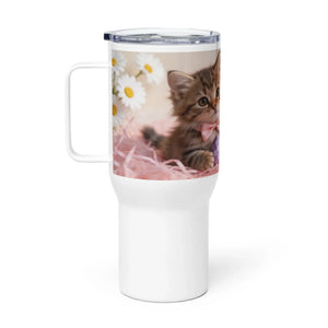 White travel mug with handle featuring a cute kitten, daisies, and pink decorative accents