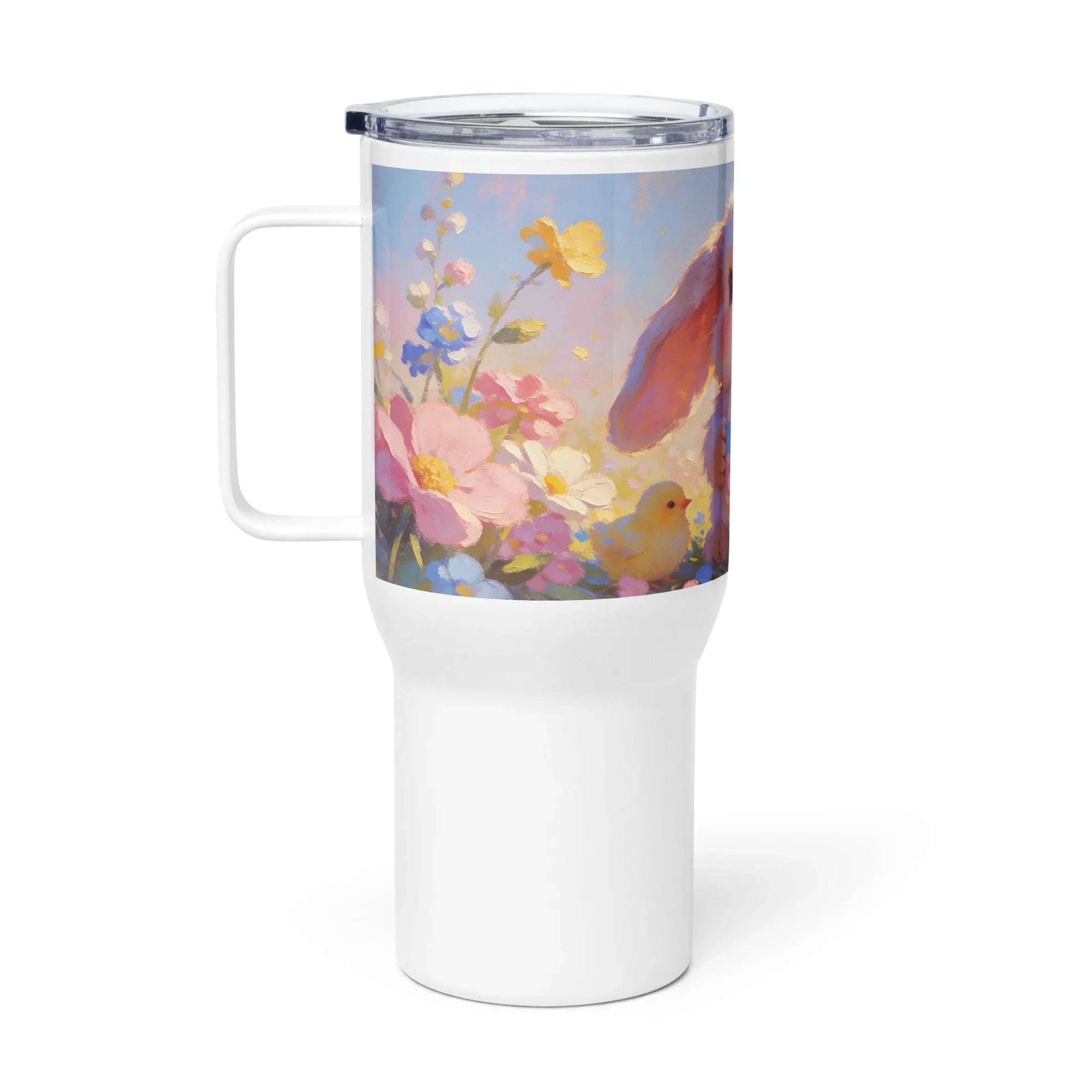 White travel mug with handle, featuring a colorful bunny, flowers, and chick design