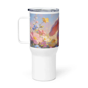 White travel mug with handle, featuring a colorful bunny, flowers, and chick design