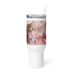 White travel mug with handle, featuring cute kitten and pastel Easter eggs design