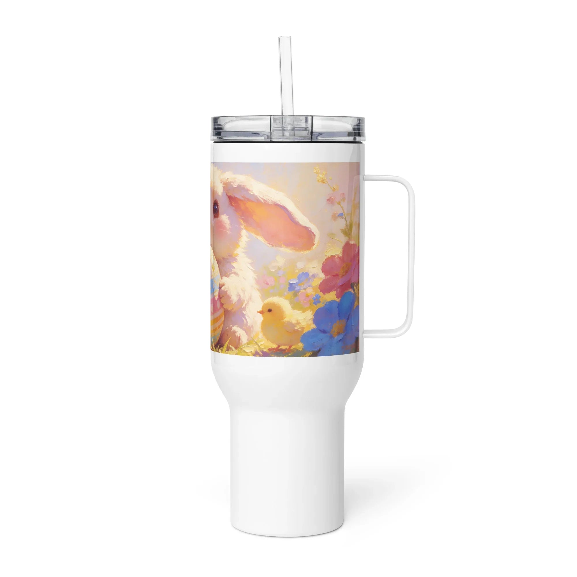 White 40 oz travel mug with handle, featuring cute bunny, chick, and spring flowers illustration