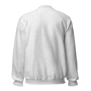 Back view of unisex crew neck ash sweatshirt with ribbed cuffs and hem on white background