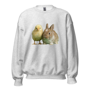 Ash gray unisex crew neck sweatshirt with cute chick and bunny graphic on front