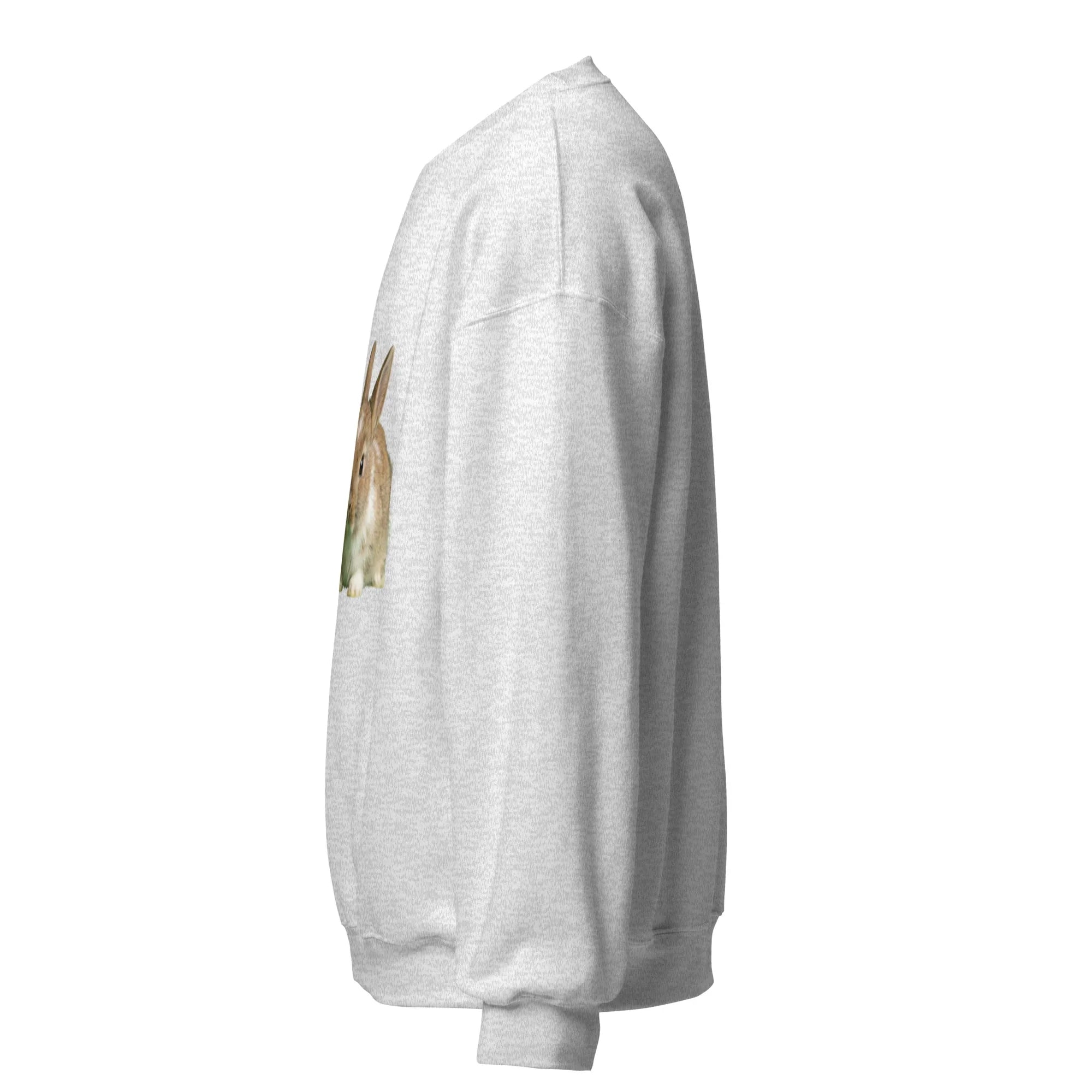 Light gray unisex crew neck sweatshirt with brown rabbit graphic on left chest