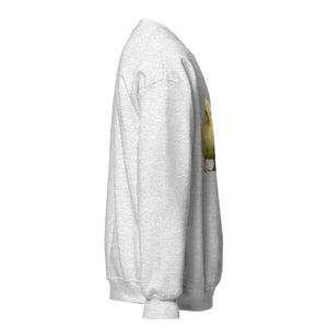 Ash gray unisex crew neck sweatshirt with a small duck graphic on the front