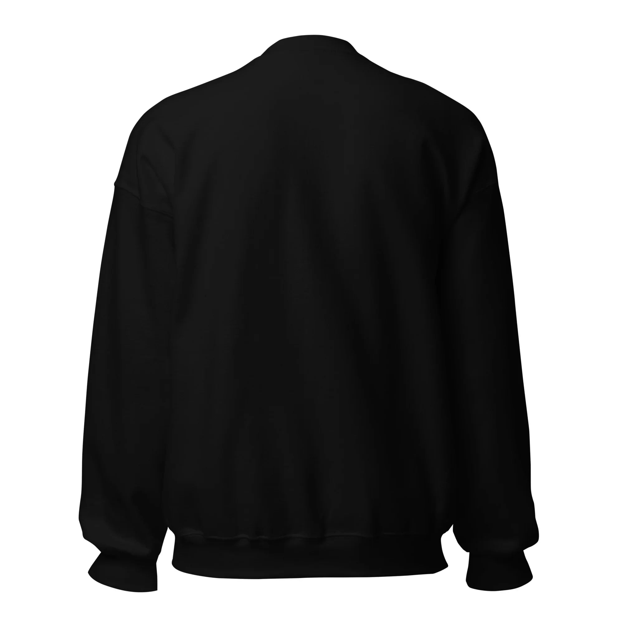 Back view of plain black unisex crew neck sweatshirt on white background