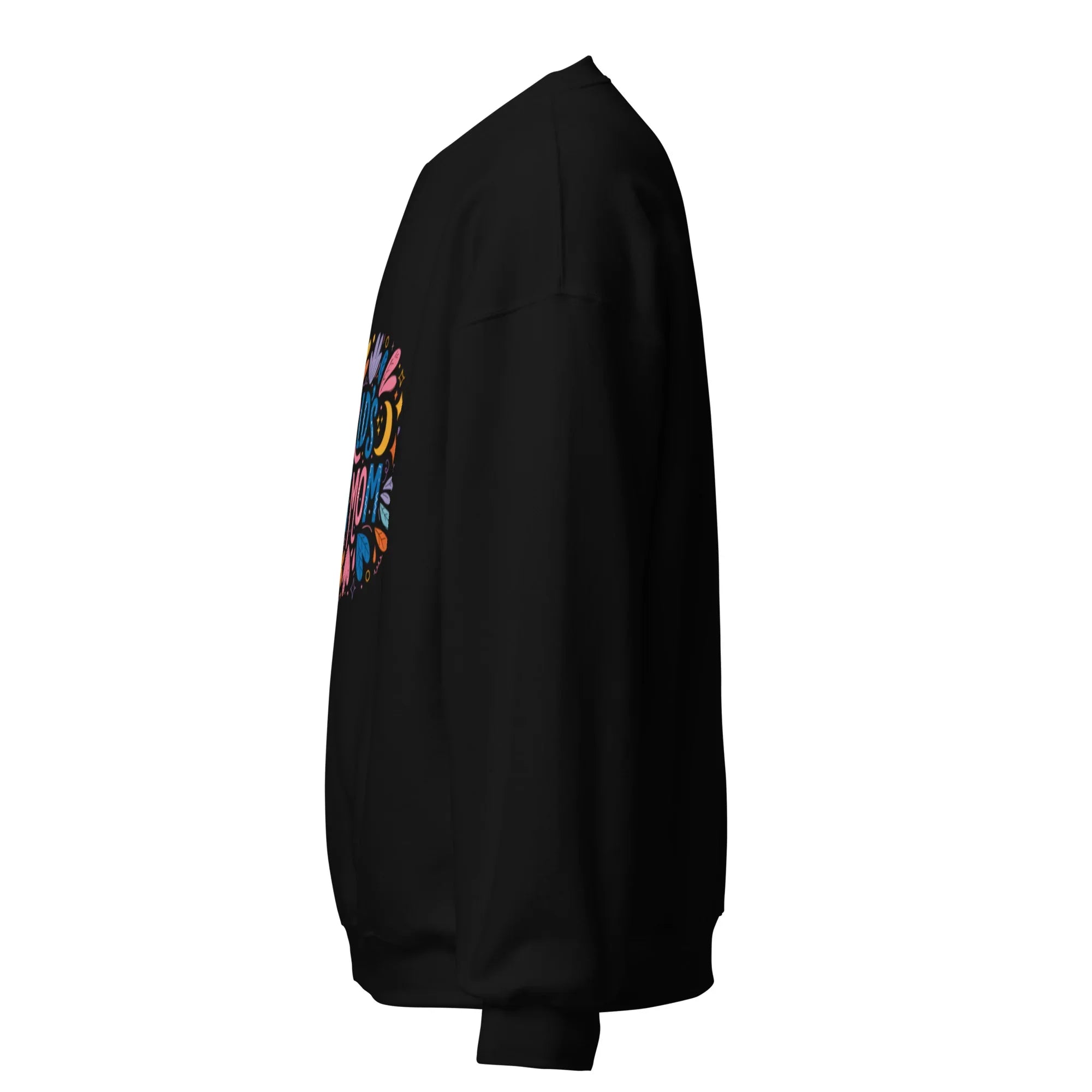 Black unisex crew neck sweatshirt with colorful graphic print on front, side view