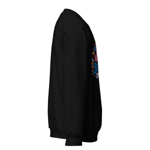 Unisex black crew neck sweatshirt with colorful graphic text, side view