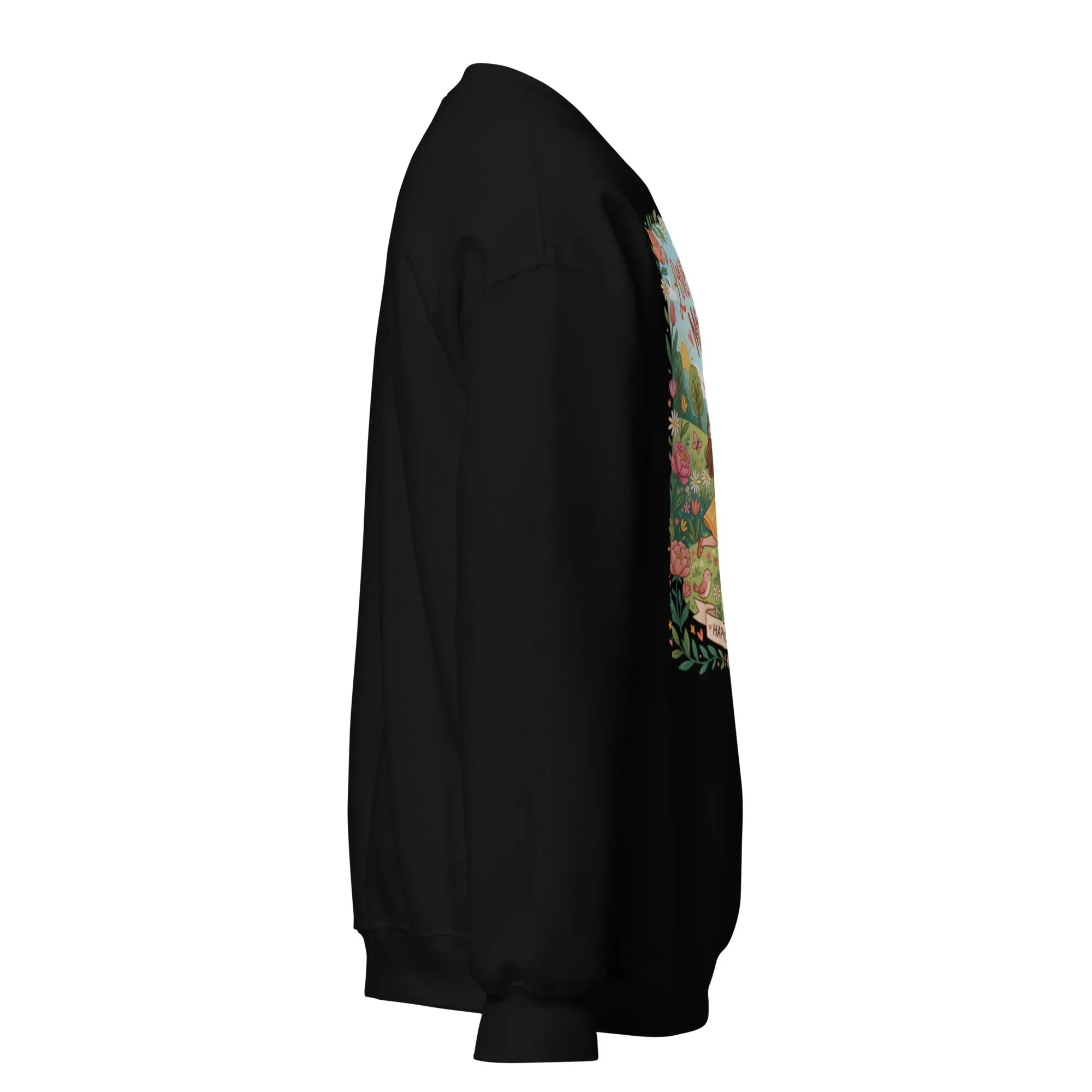 Black unisex crew neck sweatshirt with colorful floral graphic on front, side view