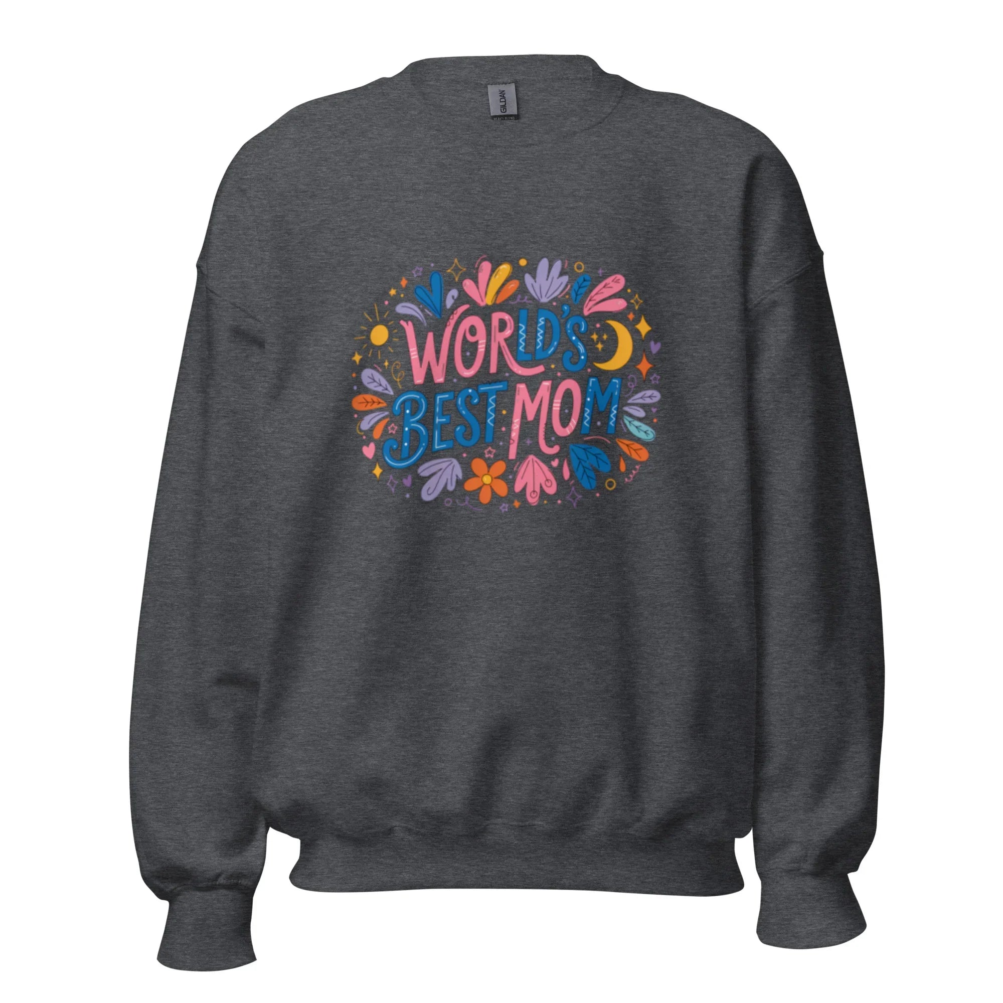 Dark heather crewneck sweatshirt with colorful 'World's Best Mom' floral graphic