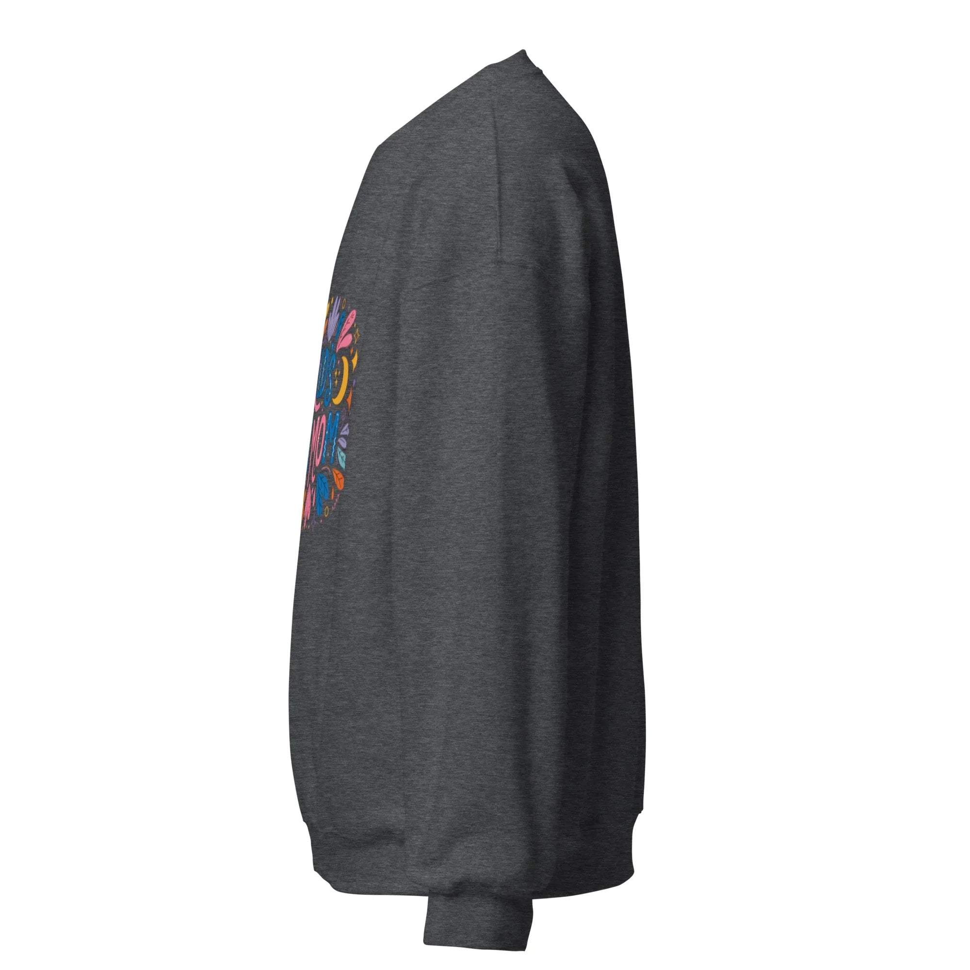 Dark heather unisex crew neck sweatshirt with colorful floral and sun graphic on front