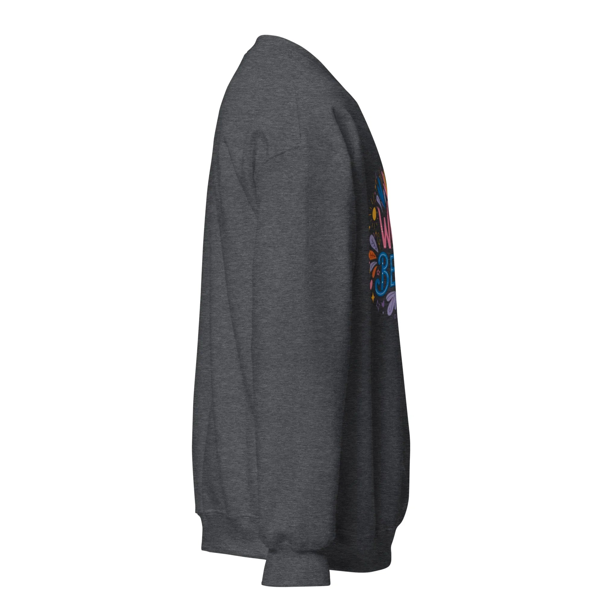 Dark heather gray unisex crew neck sweatshirt with colorful front graphic, side view