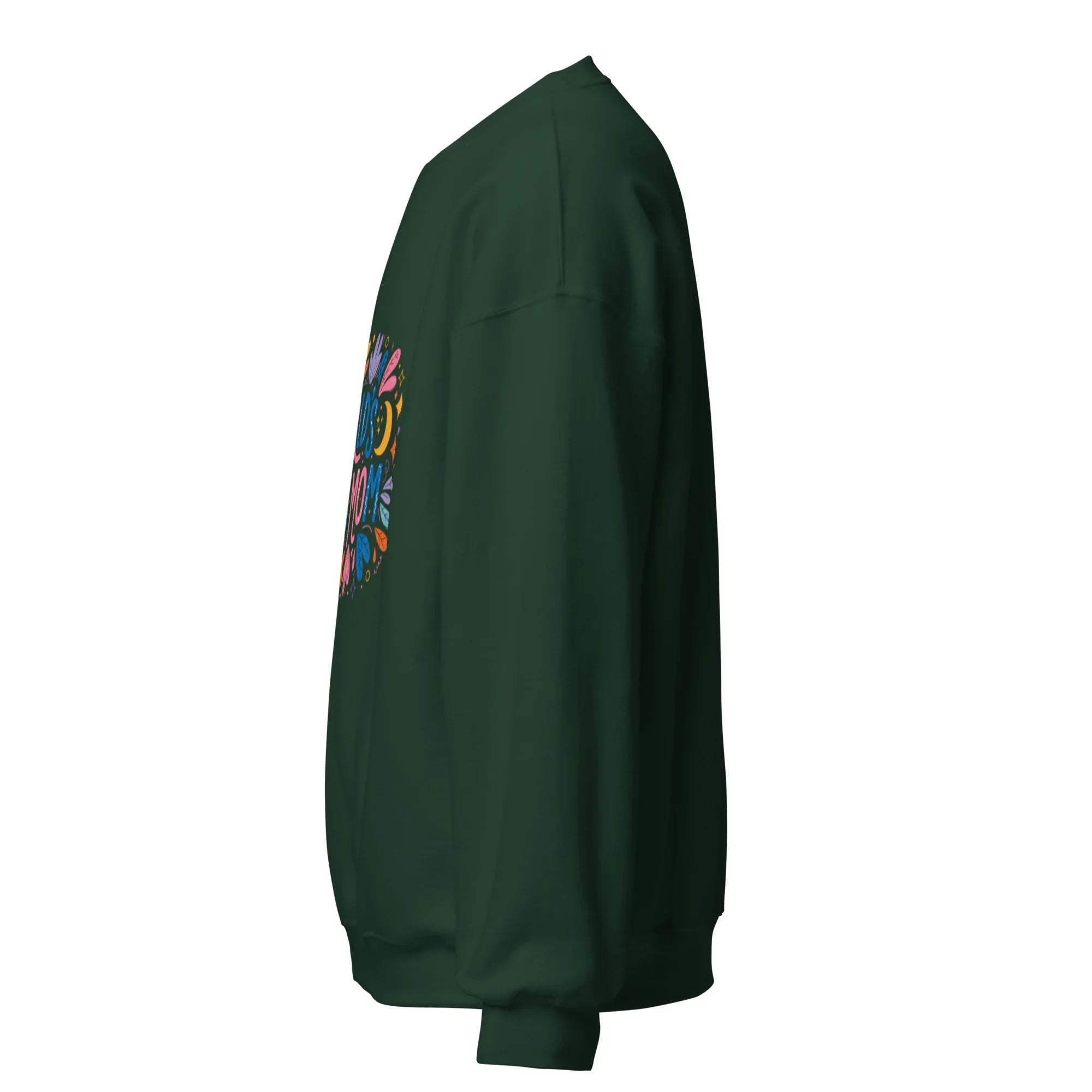 Unisex forest green crew neck sweatshirt with colorful front graphic, side view