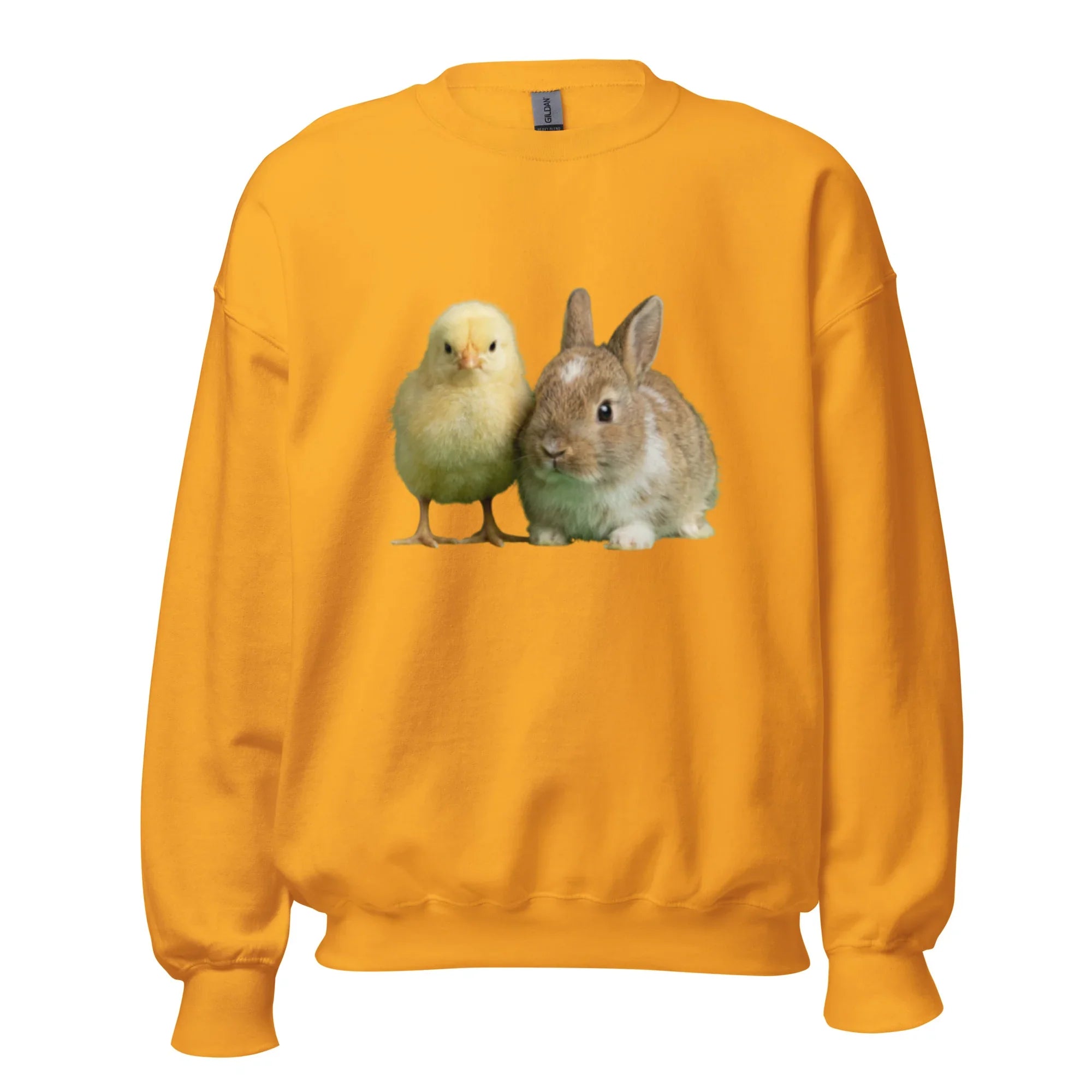 Gold crew neck sweatshirt with chick and bunny graphic on front, unisex apparel