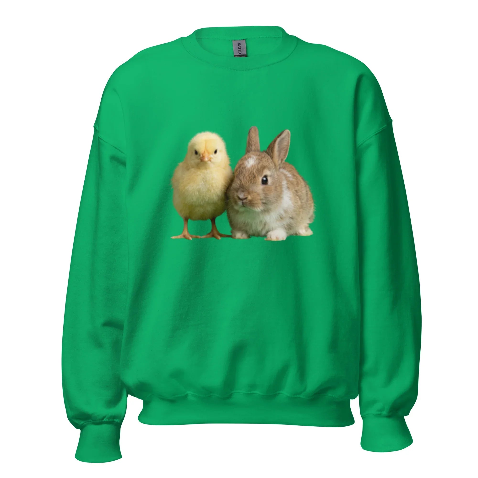 Irish green unisex crewneck sweatshirt with chick and bunny graphic on front