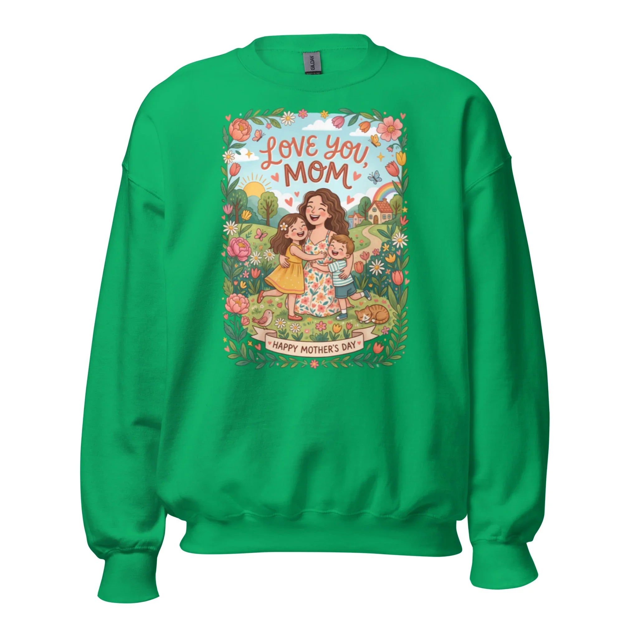 Irish green crewneck sweatshirt with Mother's Day graphic, floral design, and 'Love You Mom' text