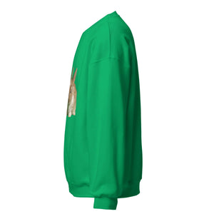 Unisex Irish green crew neck sweatshirt with a brown rabbit graphic on front, side view