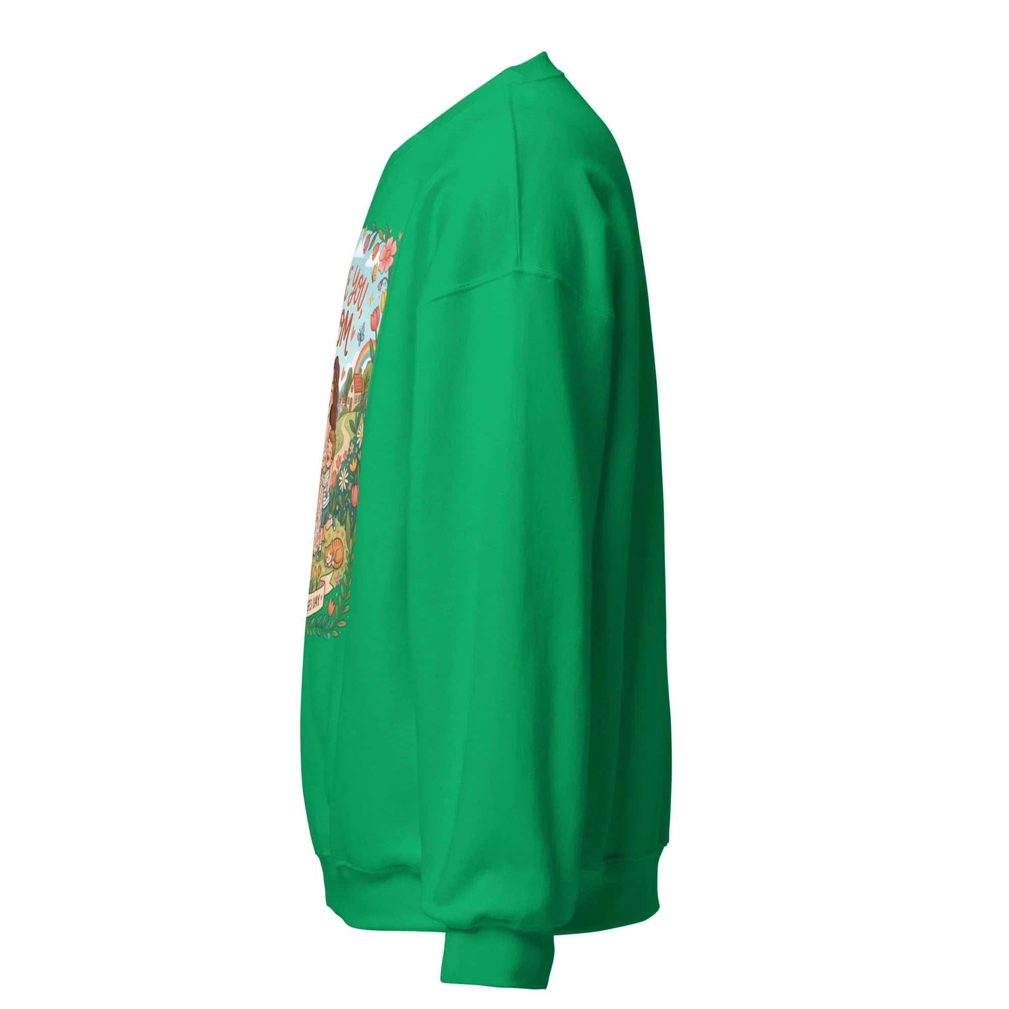 Unisex Irish green crew neck sweatshirt with colorful graphic on front, left side view