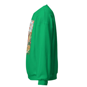 Unisex Irish green crew neck sweatshirt with colorful graphic on front, left side view