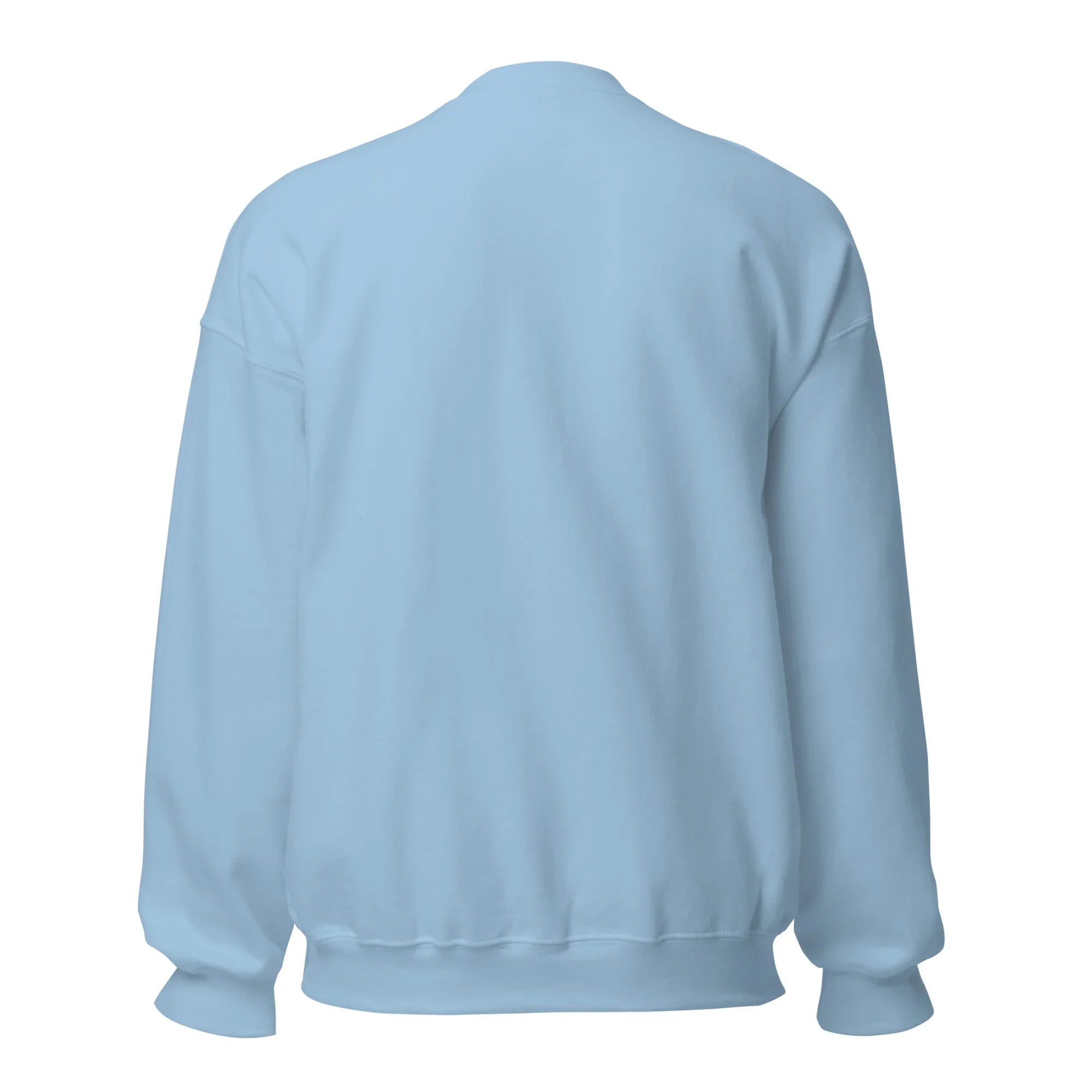 Unisex crew neck sweatshirt in light blue, back view, long sleeves, plain design